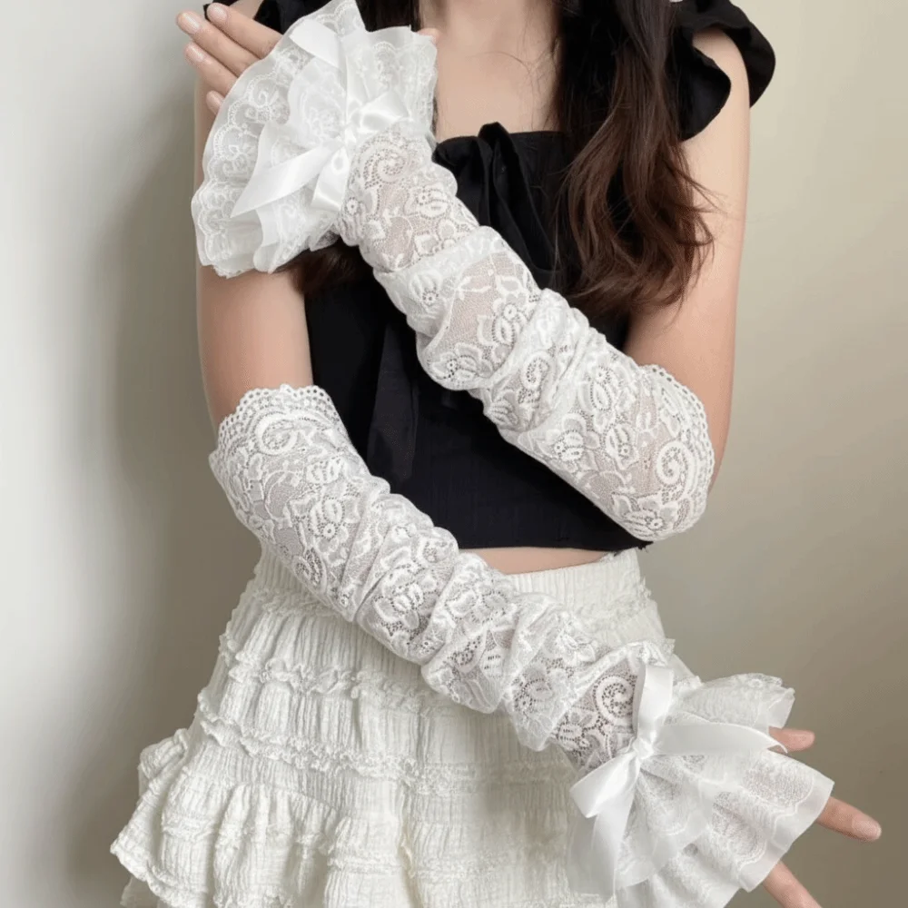 Sweet Bow Lace Sleeves Elastic Lolita Sun Protection Sleeve Hollow UV Insulation Long Sleeved Arm Cover Women