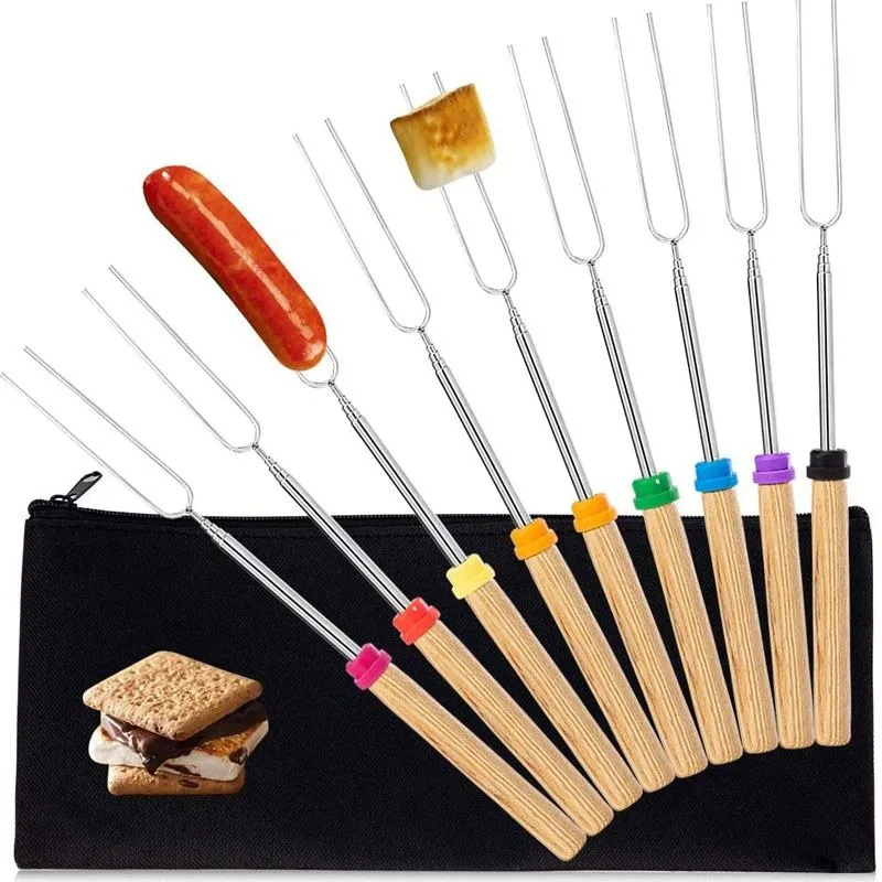 BBQ Skewers Telescoping Barbecue Fork Stainless Steel Double Metal Skewers Roasting Stick Smores Skewer for Hot Dog Picnic Tools