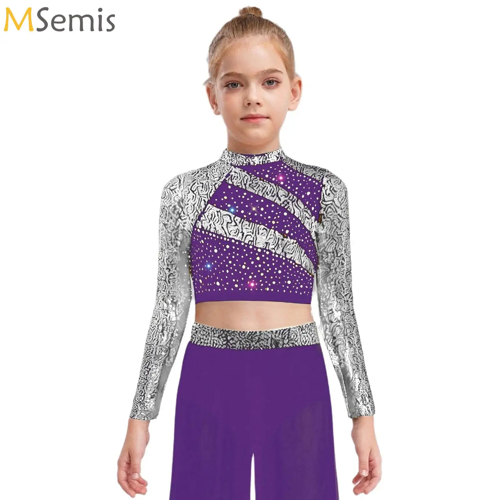 

Girls Jazz Dance Costume Long Sleeve Sequins Cutout Back Press Button Crop Top Gymnastics Skating Stage Performance Dance Wear