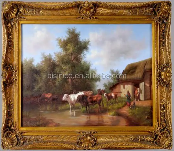 Country Side Landscape Oil Painting With Wooden Frame, Vintage Antique Wall Picture