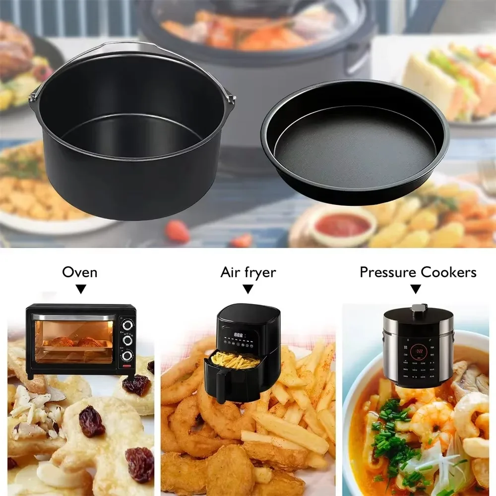 

Pizza Pan 6/7/8/9 Inch Air Fryer Baking Pan Set Carbon Steel Non-Stick Baking Tray with Handle Black Round Cake Mold Kitchen