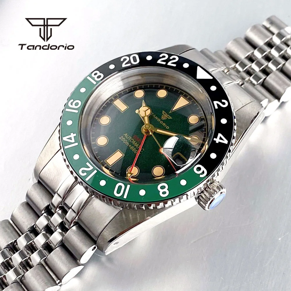 Tandorio Automático NH34 Reloj GMT de acero de 38 mm para hombre Zafiro con cúpula 20ATM Fecha de buzo Reloj de pulsera mecánico con bisel 24H resistente al agua