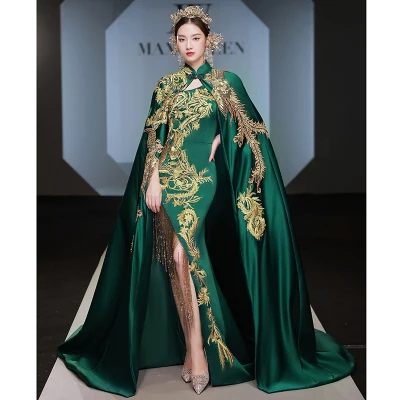 100%real luxury red/green golden peacock/phoenix golden embroidery beading long cloak with dress gown cosplay/studio/stage