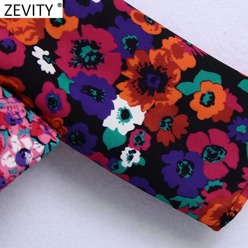 Zevity Women Vintage Cross V Neck Patchwork Floral Print Slim Short Blouses Lady Chic Long Sleeve Retro Shirt Blusas Tops LS9739