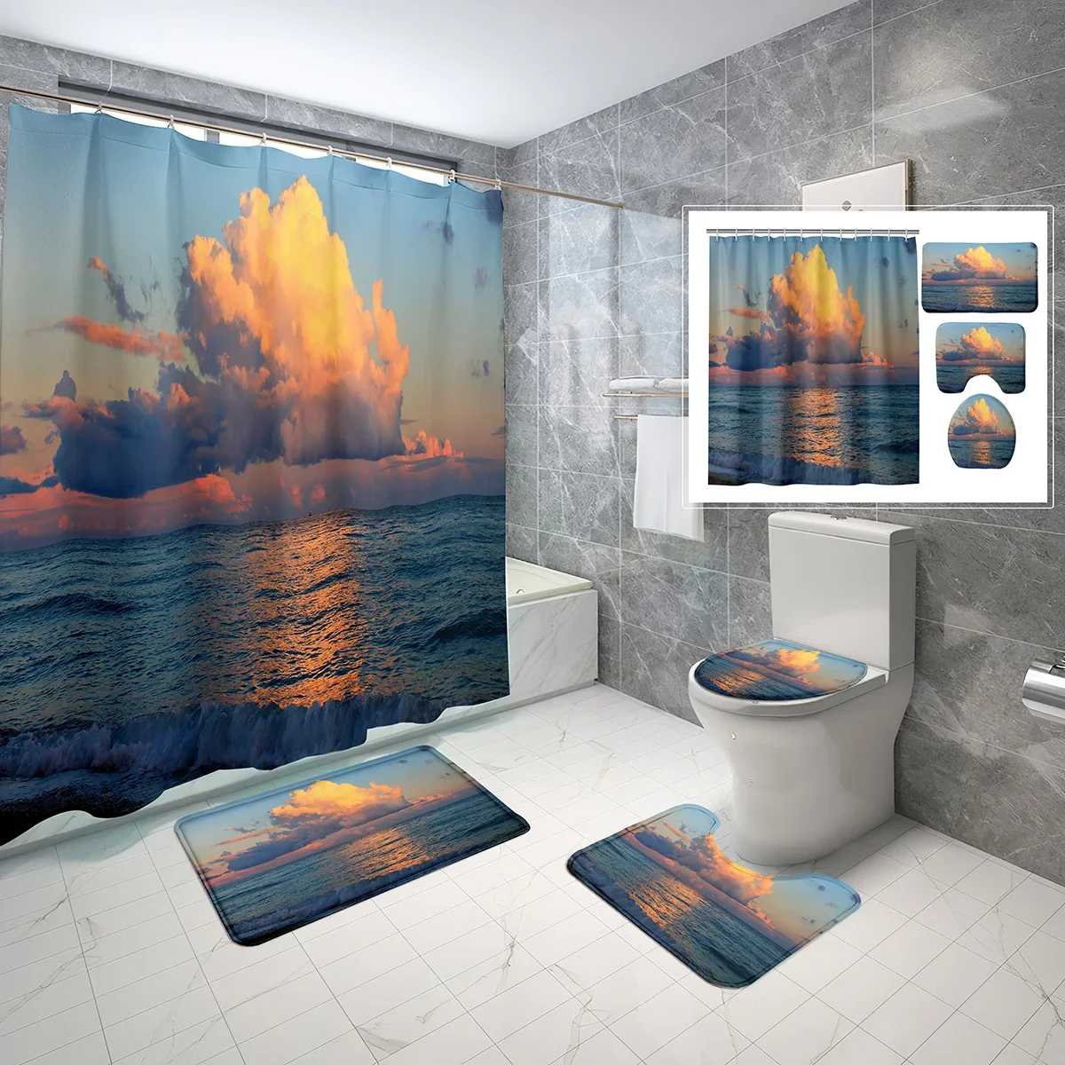 4 Pcs Seascape Shower Curtain Sets with Toilet Lid Cover and Non-slip Bath Mat Sunlight Blue Ocean Waterproof Shower Curtain Set