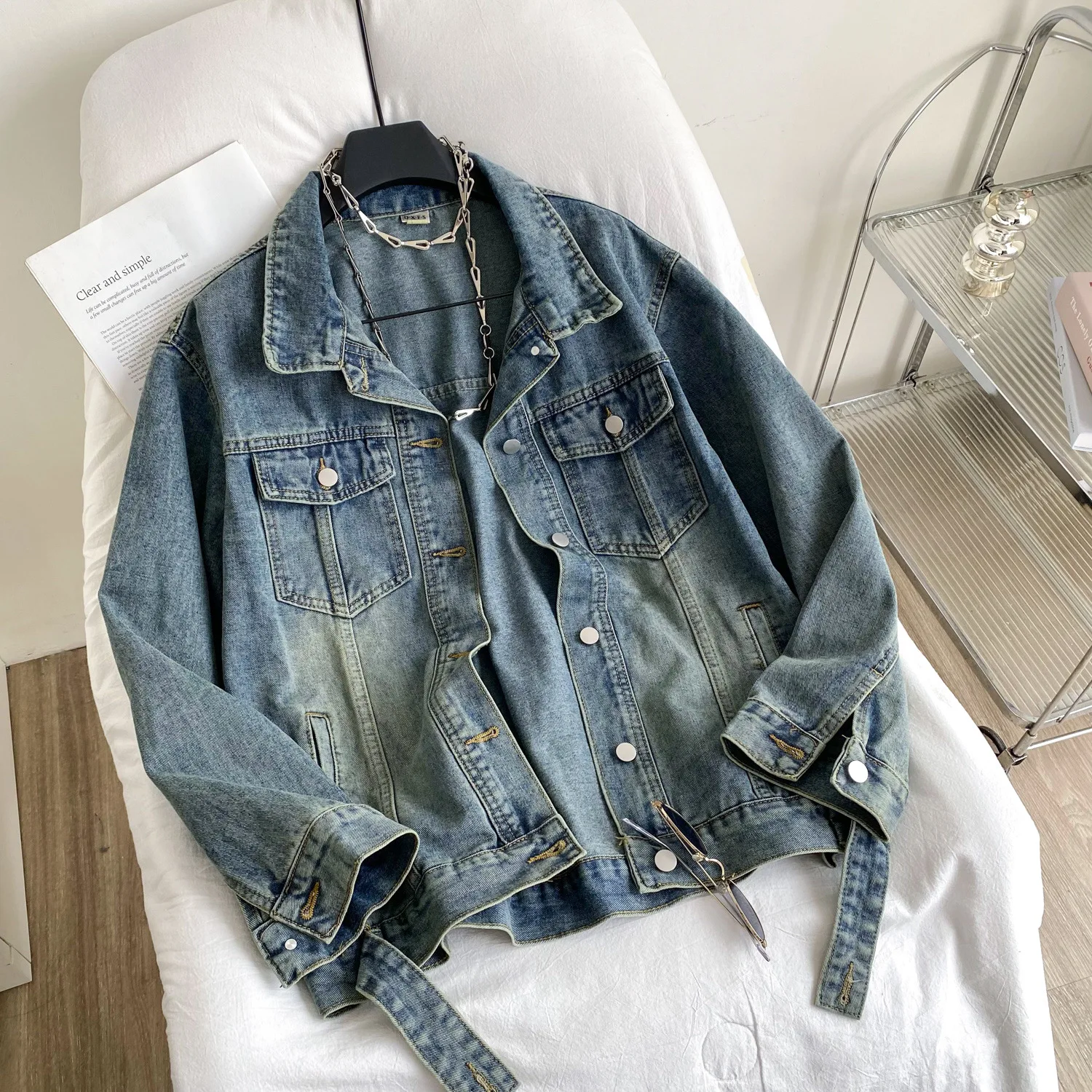 

Jackets Women Denim Coats Turn Down Collar Coat Y2k Streetwear Work Casual Loose Regular Elegant Splice Jacket Autumn Winter