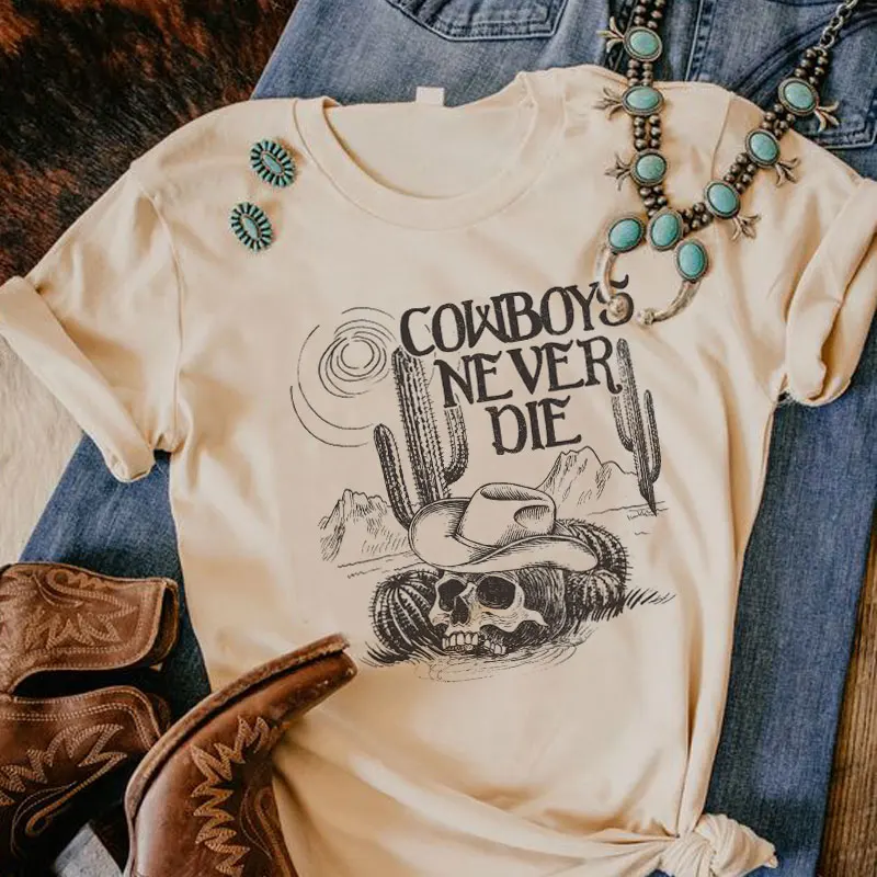 Cowboys Never Die Women Skull Cowboy Printed T-Shirt Western Desert Cactus Graphic Tee Hippie Funny Tshirts Vintage Boho Clothes