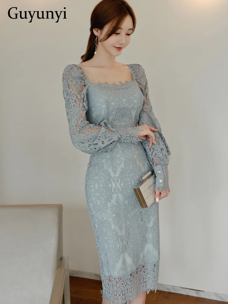 Elegant Party Dress Spring Korean Style Solid Sexy Lace Square Neck Puff Sleeve High Waist Tight Fit Career Office Lady Dress