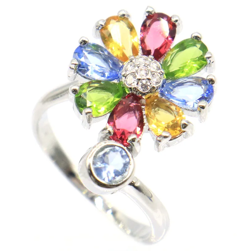 Buy 3 Get 1 Free 22x17mm Multi Color Flowers Tourmaline Citrine Peridot Green Amethyst CZ Women Wedding Silver Rings Many Sizes