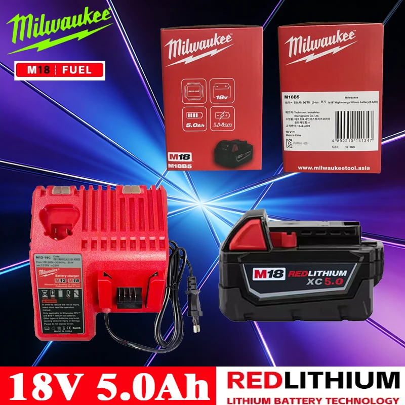 

Milwaukee 18V 5Ah Li-ion Battery M18 5000mAh, Rechargeable Battery with REDLINK Intelligence for M18 Series Power Tools