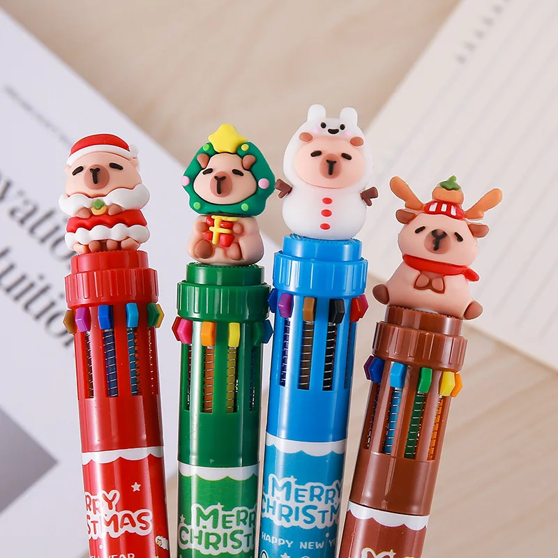 10 Colors Multi-functional Christmas Capybara Retractable Ballpoint Pen, Adorable Santa Elk Snowman Holiday Pattern Print Smooth