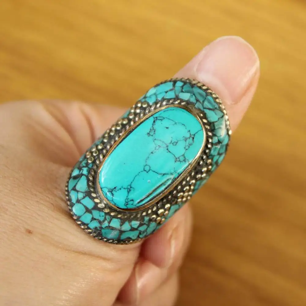 

RG370 Ethnic Tibetan Jewelry Copper Inlaid Natural Turquoises Stone Large Ring For Men