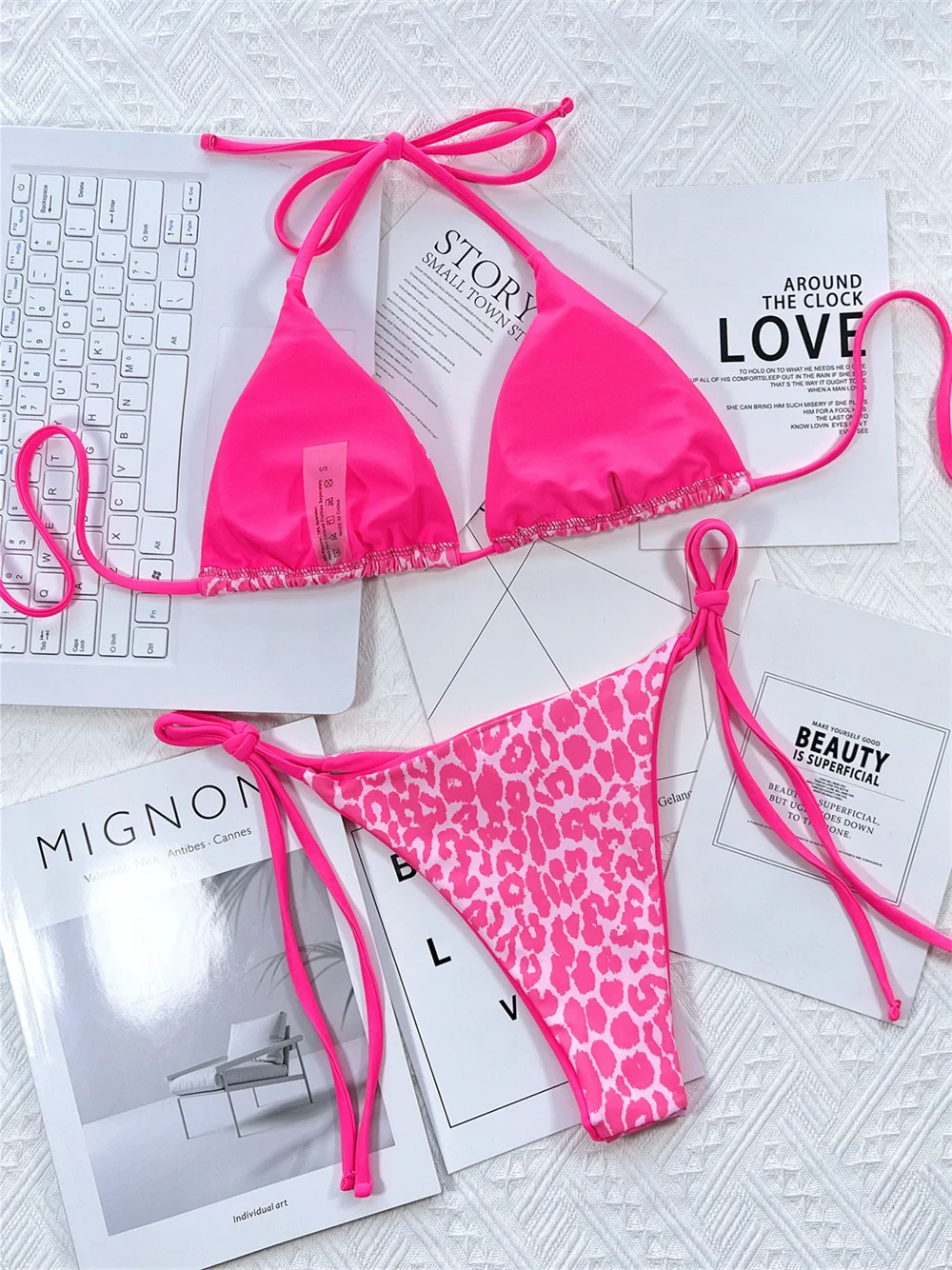 Sexy Pink Leopard Bikini Micro - Thong Bikini Women 评论和价格