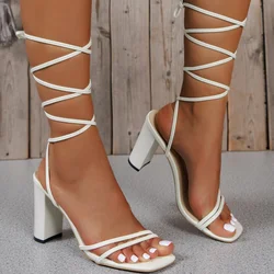 New Summer Women White Elegant Cross Strap Solid Color Square Toe High Heels Woman Open Toe Fashion Sexy Banquet Roman Sandals