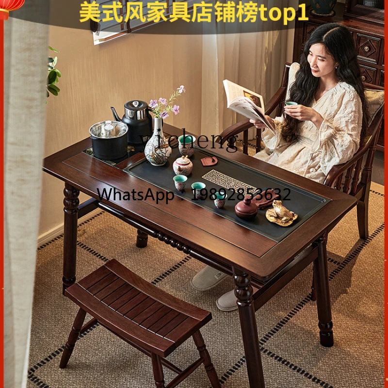 DD all-solid wood tea table, tea table, kettle integrated balcony, desk dual-purpose household retro style 1.2-meter small table