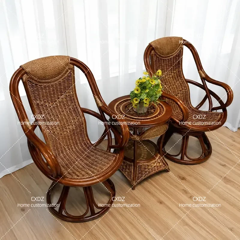 Natural Rattan Swivel Chair with Backrest Balcony Tea Table Set Casual Outdoor Seating 2025 New Arrival Comfortable Wicker