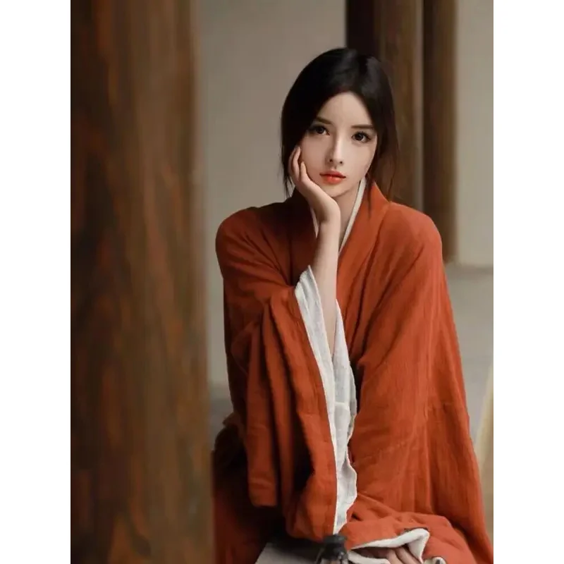 Vestido Hanfu de algodón y lino para mujer, traje tradicional chino de 2 uds, disfraz de Hanfu para Halloween, ropa para el hogar de otoño, bata roja de talla grande