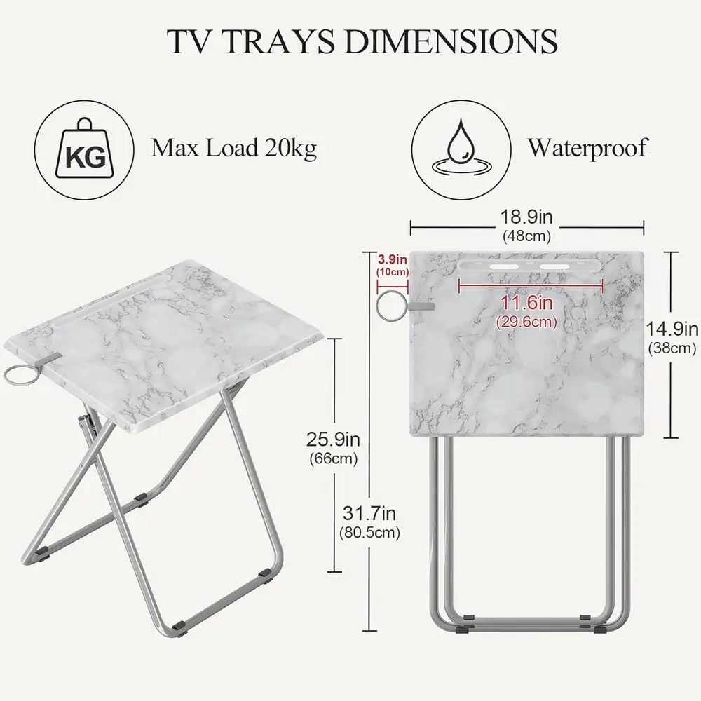 Portable Folding TV Tray Table Set, 2-Piece White Marble Style, with Cup Holders for Snacks, Ideal for Couch and Living Room, Sp