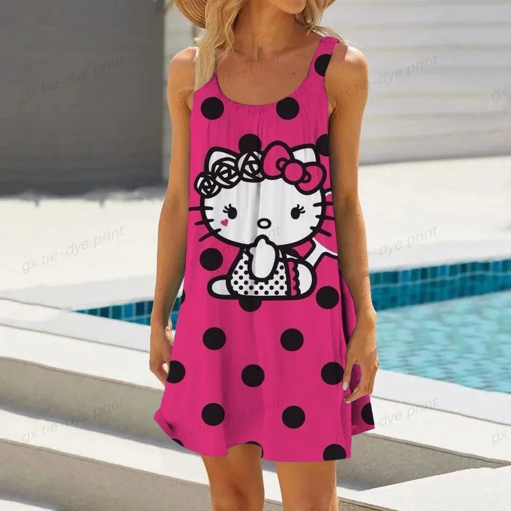 2023 Boho Sling Zomer Vrouw Losse Strand Sexy Mickey Cartoon Mouwloze Jurken Vrouwen Jurk Hello Kitty Print Elegante Jurken