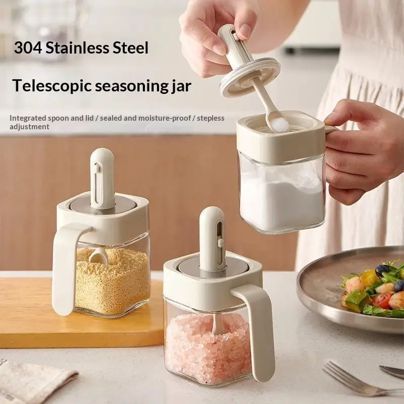 Glass Seasoning Jar with Spoon Food Grade Sealed Clear Spice Storage Container for Home Kitchen Cooking Supplies