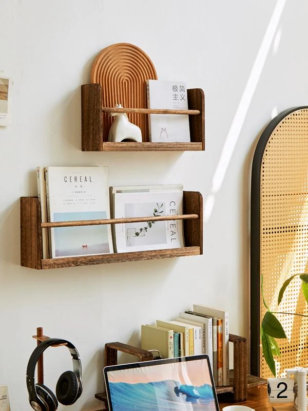 Solid Wood Wall Mounted Bookshelf For Kids Picture Books, Minimalist Hanging Book Rack Magazine Newspaper Storage Organizer