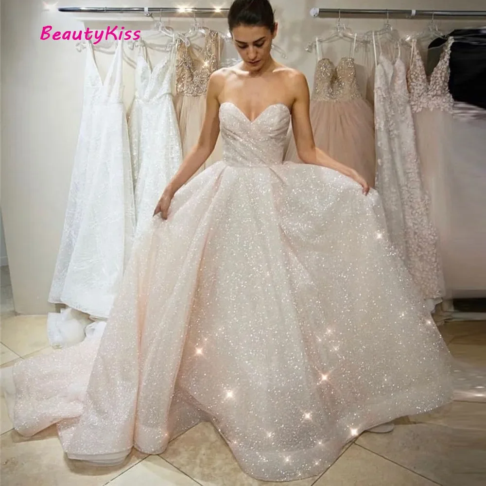 Glitter A-Line Blush Pink Wedding Dresses for Bride Sweetheart Pleats Long Sparkly Bridal Dress Plus Size Wedding Party Gowns