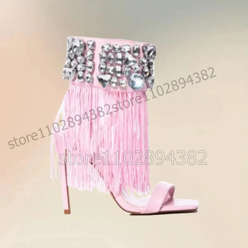 

Crystal Decor Pink Tassels Open Toe Sandals Boots Slip On Women Shoes Thin High Heels Fashion Banquet 2026 Zapatos Para Mujere