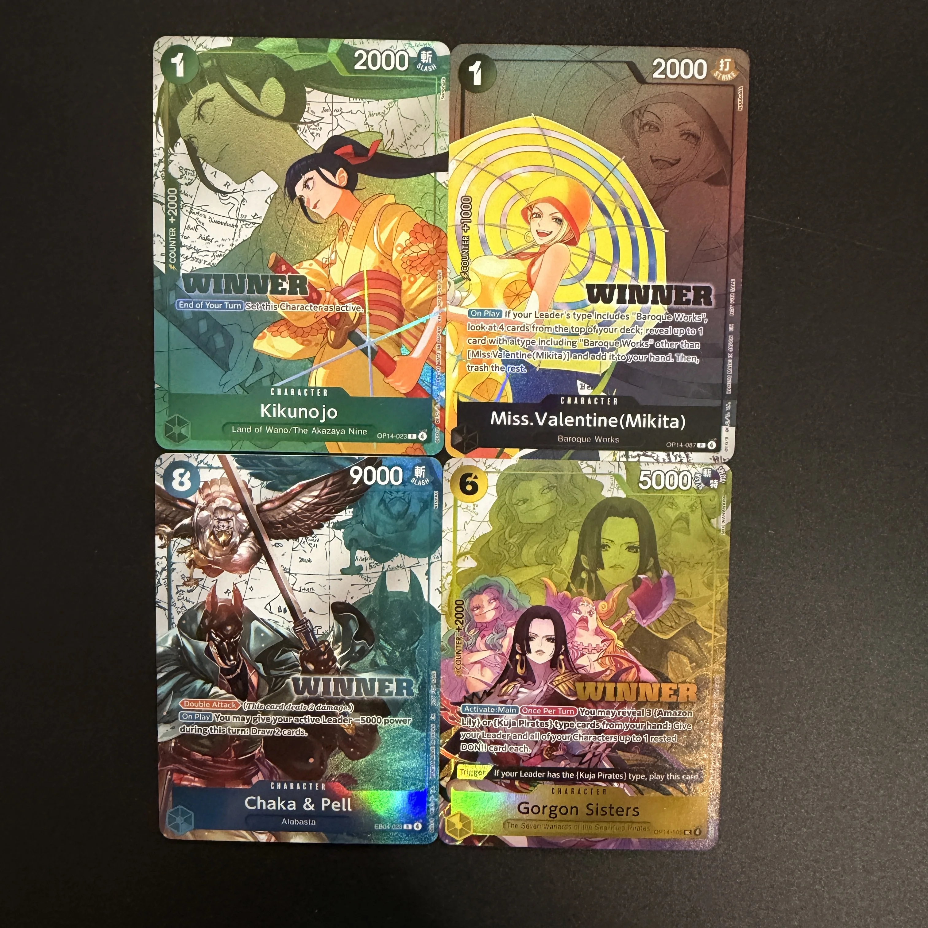 4 style Diy One Piece TCG Gorgon Sisters OP14-105 Winner Store Tournament Kikunojo Miss Valentine Mikita Collection Flash Card