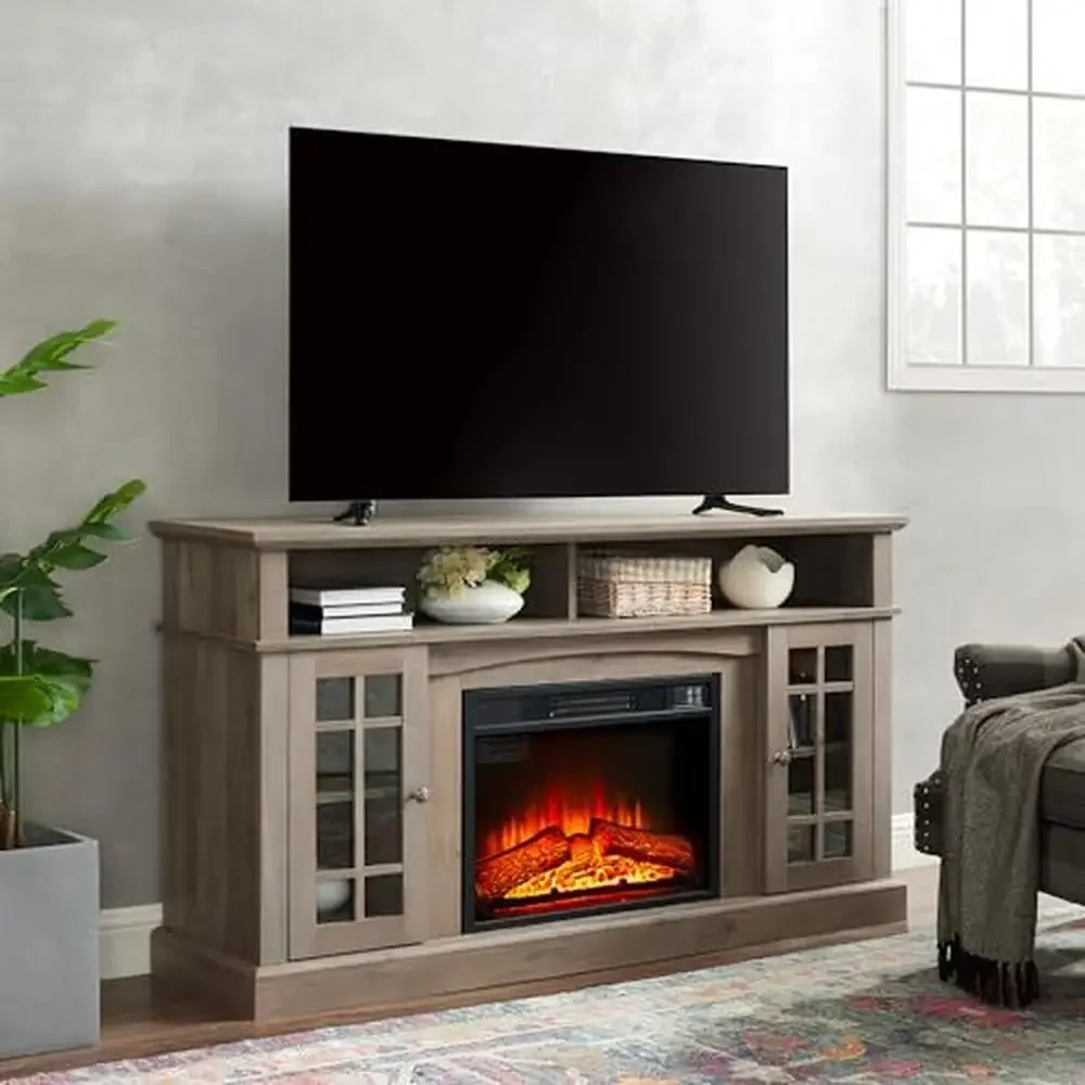 Modern Farmhouse TV Stand with 24.5'' Electric Fireplace 55-65 Inch TV Entertainment Center Rustic Wooden Door Storage Realistic image 2