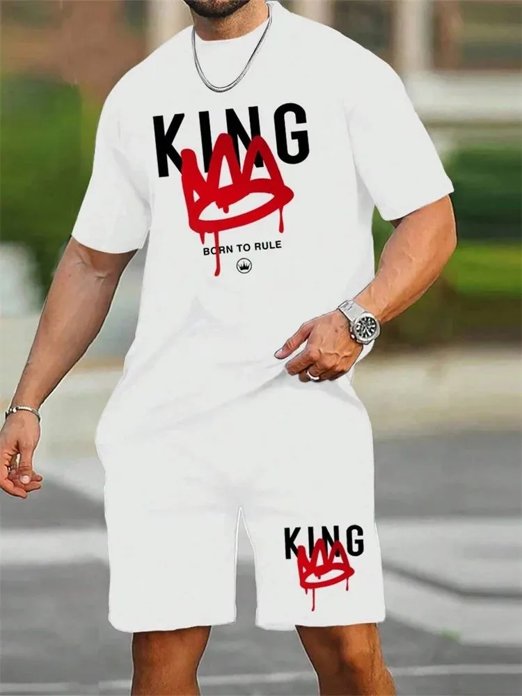 

New men's T-shirt short sleeved shorts fashionable king print men's T-shirt casual quick drying breathable sports set
