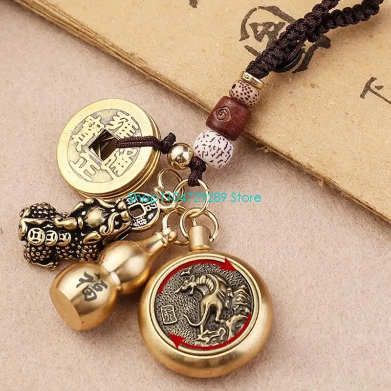 D8KE Car Interior Hanging Pendant Lucky Charm Decorative Accessories Vintage Brass Keychain Pendant Animal Themed Decoration