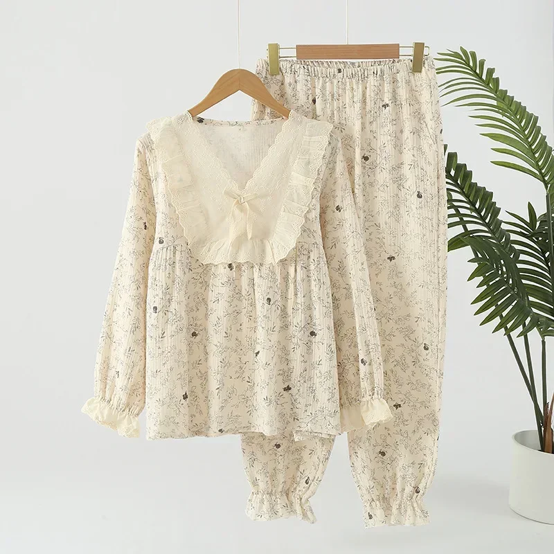 Women's Floral Cotton Yarn Loose Double Gauze Loungewear Autumn Long Sleeves Pajamas Set Gentle V-Neck Home Wear 2 Piece Sets