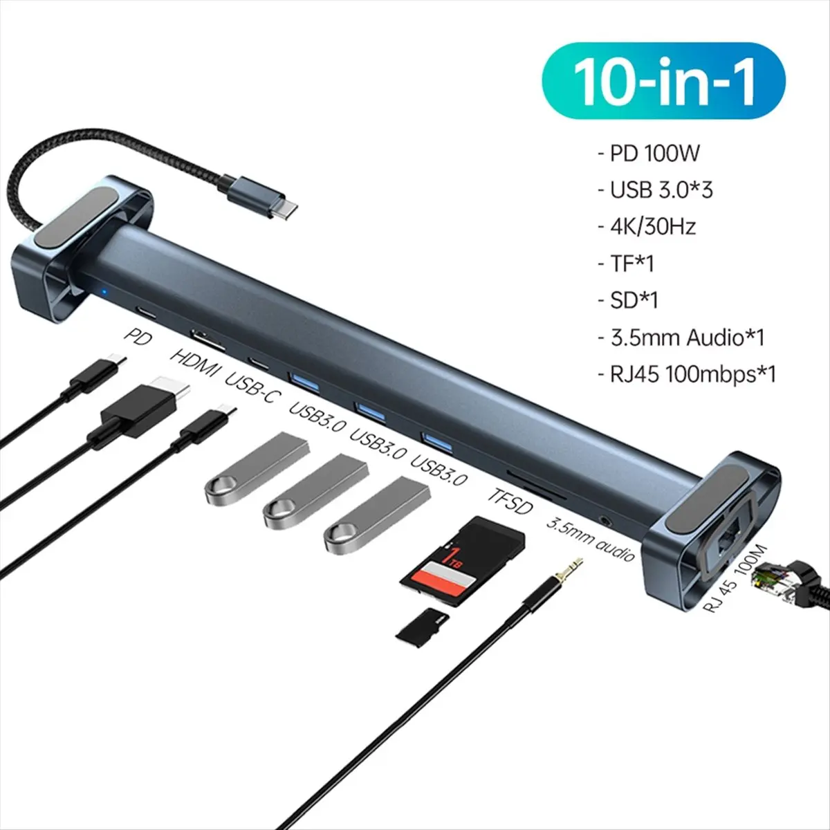 

Stable- 10 in 1 USB C Hub Multiport Adapter Portable Dongle 4K PD 100W USB 3.0 Gigabit Ethernet RJ45 Dock Station Laptop Stand