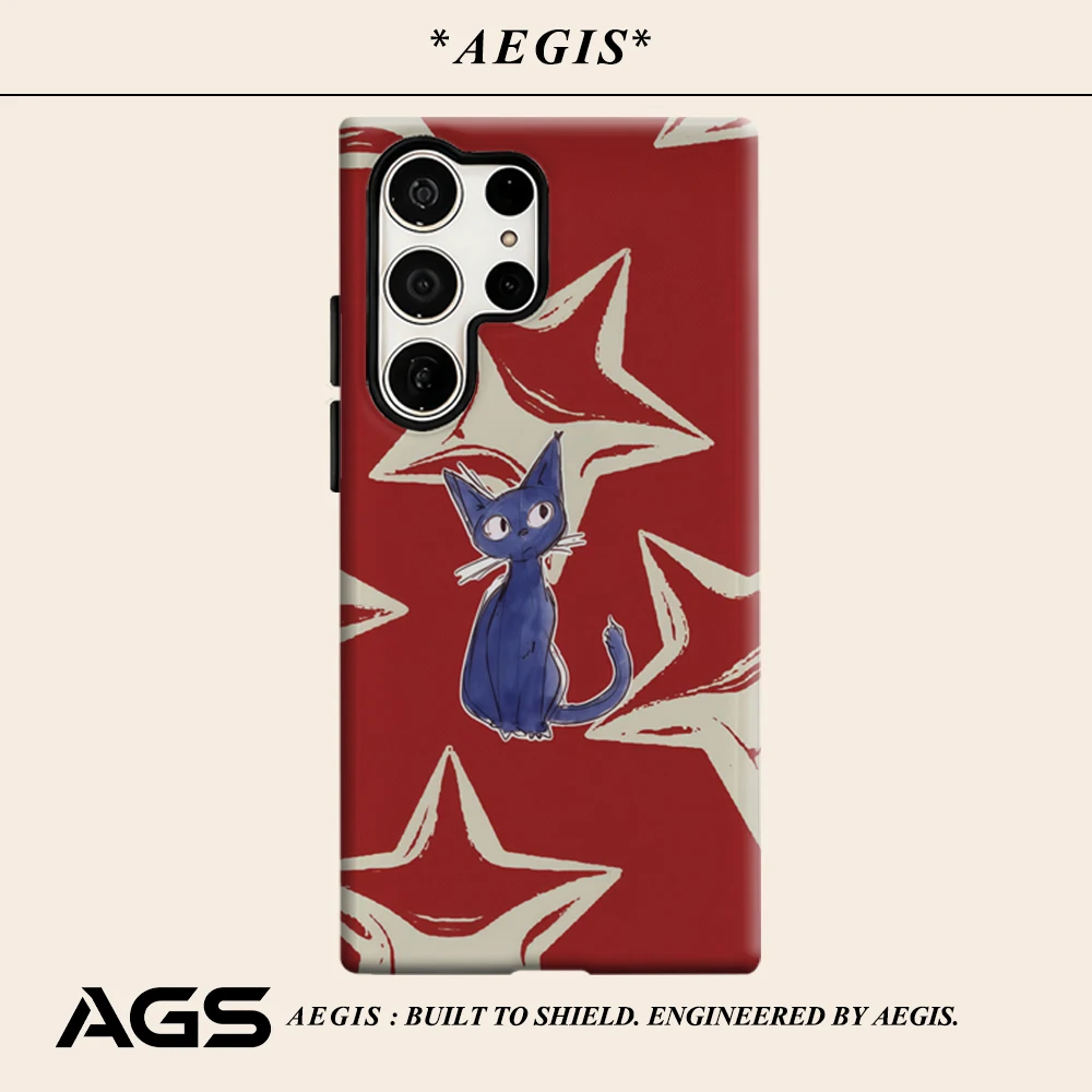 Red Star Cat Phone Case for Samsung Galaxy S25 Ultra S24 S23 Ultra Plus Glossy Double-layer Back Cover
