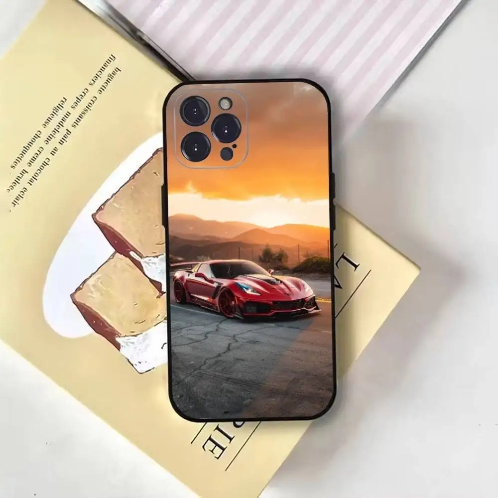حافظة هاتف عصرية رائعة C-CorvetteS C8 C6 لهاتف iPhone16,15,14,13,12,11 Plus,Pro Max,XS,X,XR,SE,Mini,8,7,Soft Black Cover