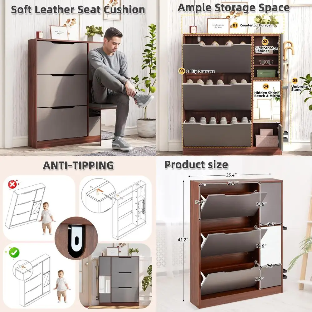 Walnut 3-Drawer Narrow Shoe Cabinet with Door, Entryway Storage Bench and Mirror