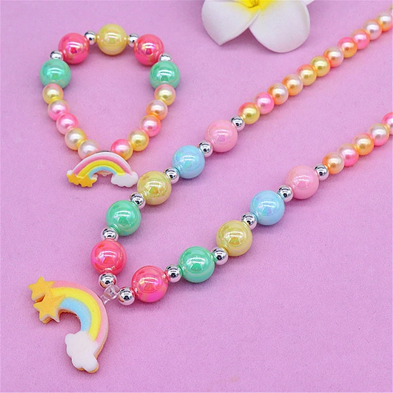 2/6Pcs Children\'s Bead Necklace Set Unicorn Rainbow Pendant Necklace Bracelet Ear Clip Girl Jewelry Accessories Children\'s Gifts