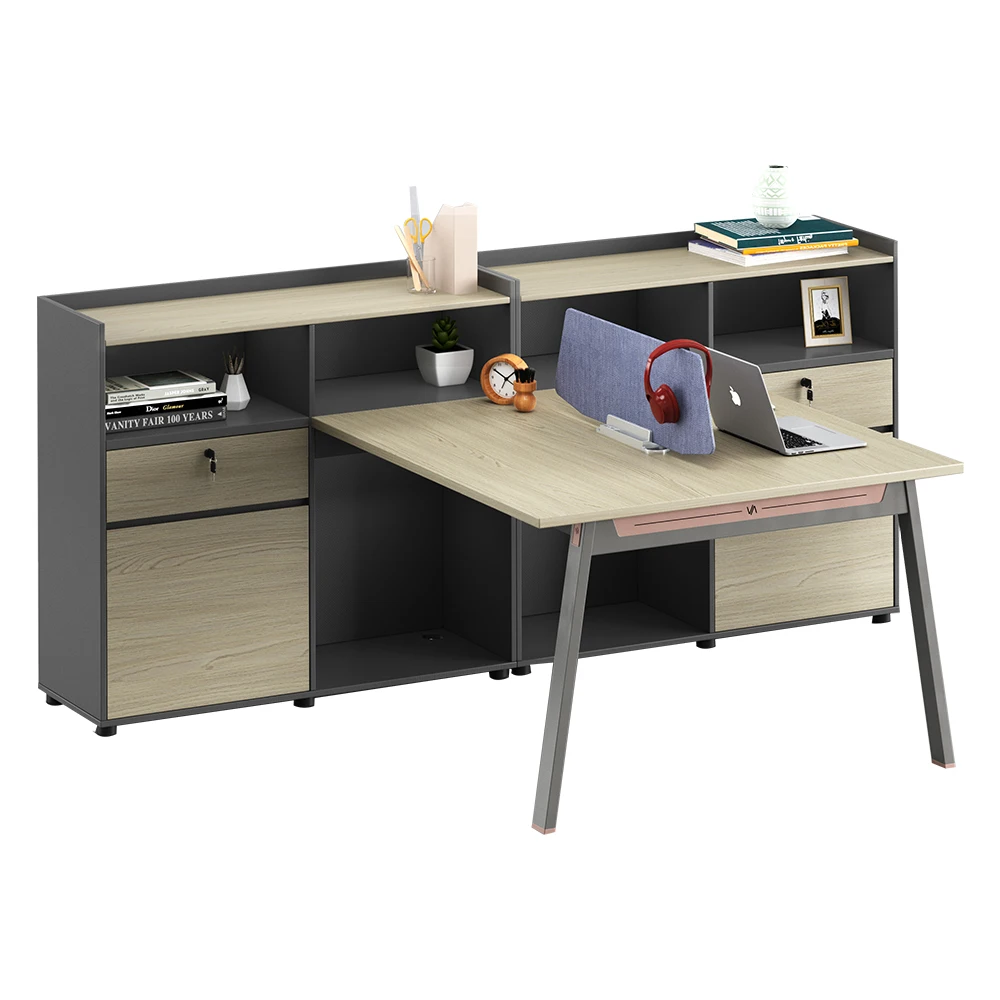 

Modern Double-Sided Office Furniture 2-Person Workstation with Wooden Screen Partition & Storage Cabinet for Staff Work