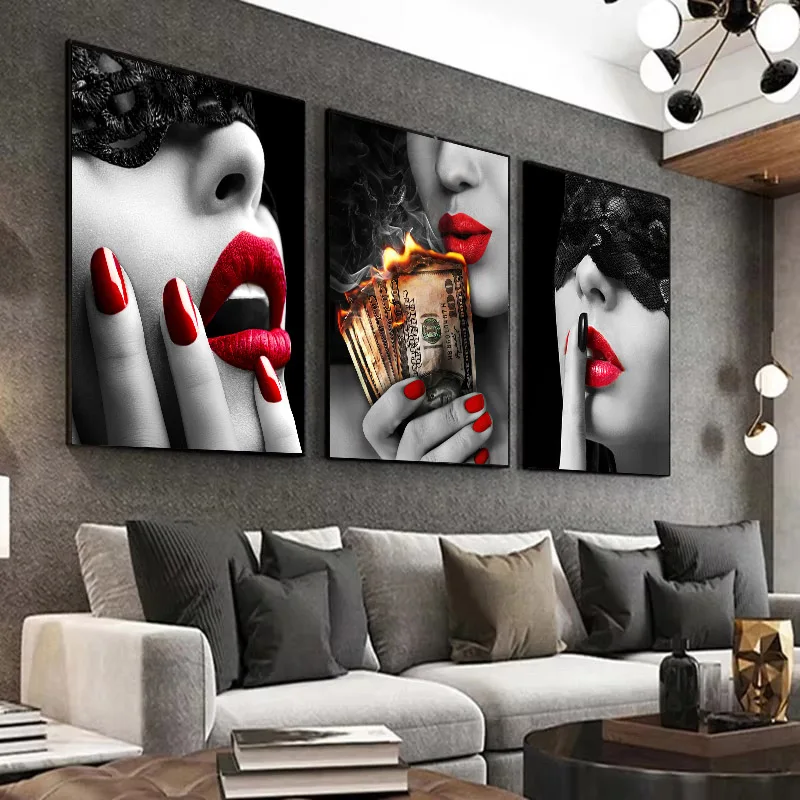 Sexy Red Lips Women Burning Money Cash Posters and Prints Canvas Paintings Fashion Girl Portrait Wall Art Picture Bar Home Decor