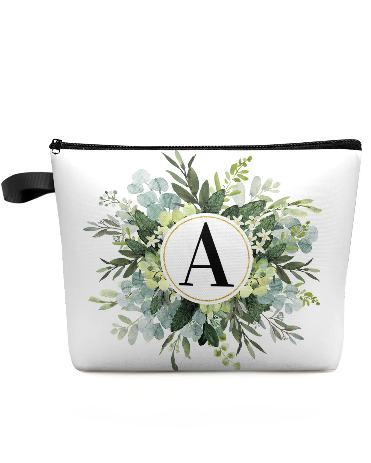 Letter A Watercolor Eucalyptus Large Capacity Travel Cosmetic Bag Portable Makeup Storage Pouch Women Waterproof Pencil Case