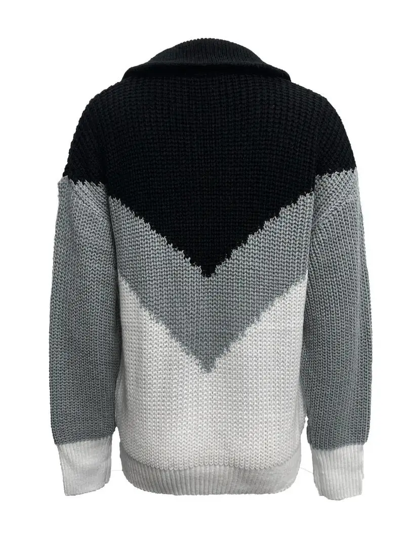 Maglione con scollo a v in acrilico Patchwork vibrante-morbido, ad alta elasticità, dettaglio catena, Pullover Casual a maniche lunghe per donna-perfetto