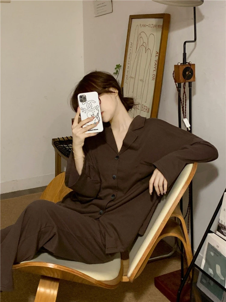 Pajama Sets Women Autumn Couple Solid Vintage Comfortable Ins Sleepwear Leisure Daily Unisex Ulzzang Basic Casual Homewear Cozy