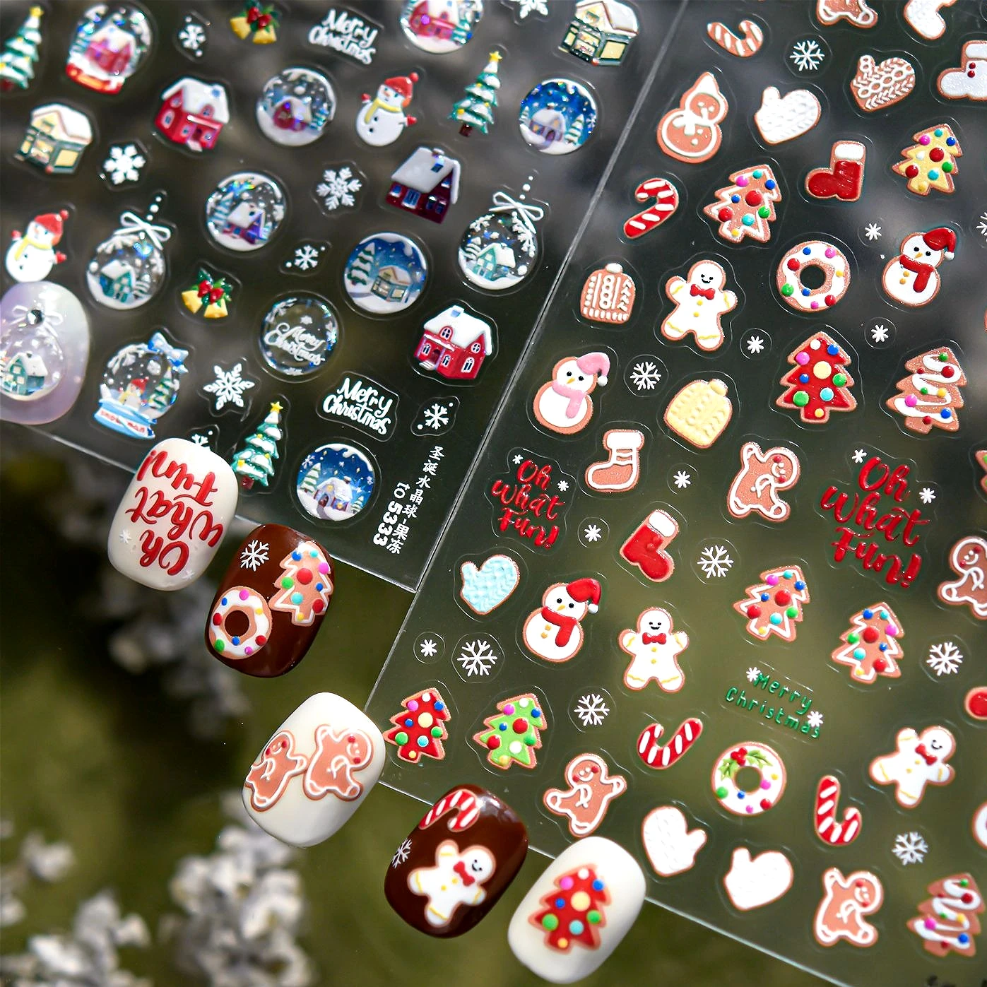 Bonhomme de neige pain d'épice homme chaussettes arbre de noël boule de cristal père noël flocons de neige nœud maison hiver Nail Art autocollants décalcomanies