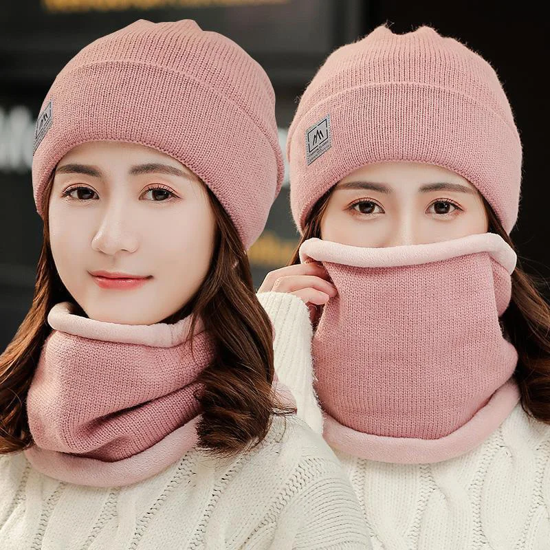 2Pcs/set Knitted Hat Scarf Women Winter Warm Solid Beanies Scarves Sets Outdoor Cycling Ear Protection Windproof Woolen Bonnet