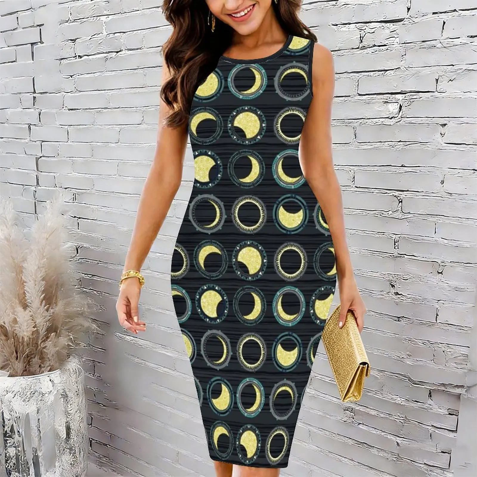 solar eclipse mandala Women's Round Neck Tight Hip Wrap Skirt