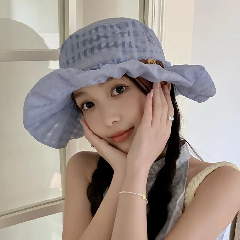 Japanese Button Pleated Mesh Bucket Hat Women's Summer Thin Vacation Breathable Big Brim Sunshade Plaid Foldable Sun Cap