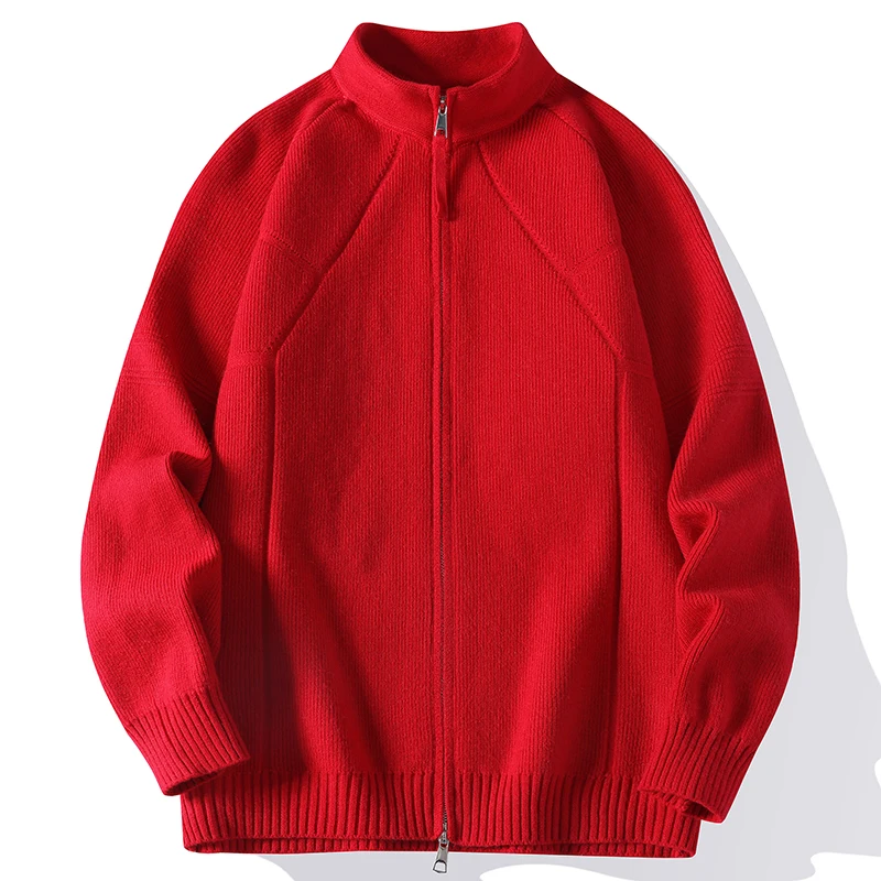 

Красный вязаный кардиган на молнии мужской с воротником-стойкой, однотонный, весенне-осенний, верхняя одежда, свитер, куртка