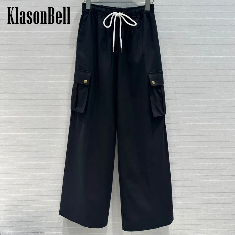 

7.23 KlasonBell Women Black Cargo Straight Pants All-matches Casual Drawstring Elastic Waist Gold Button Pocket Trousers