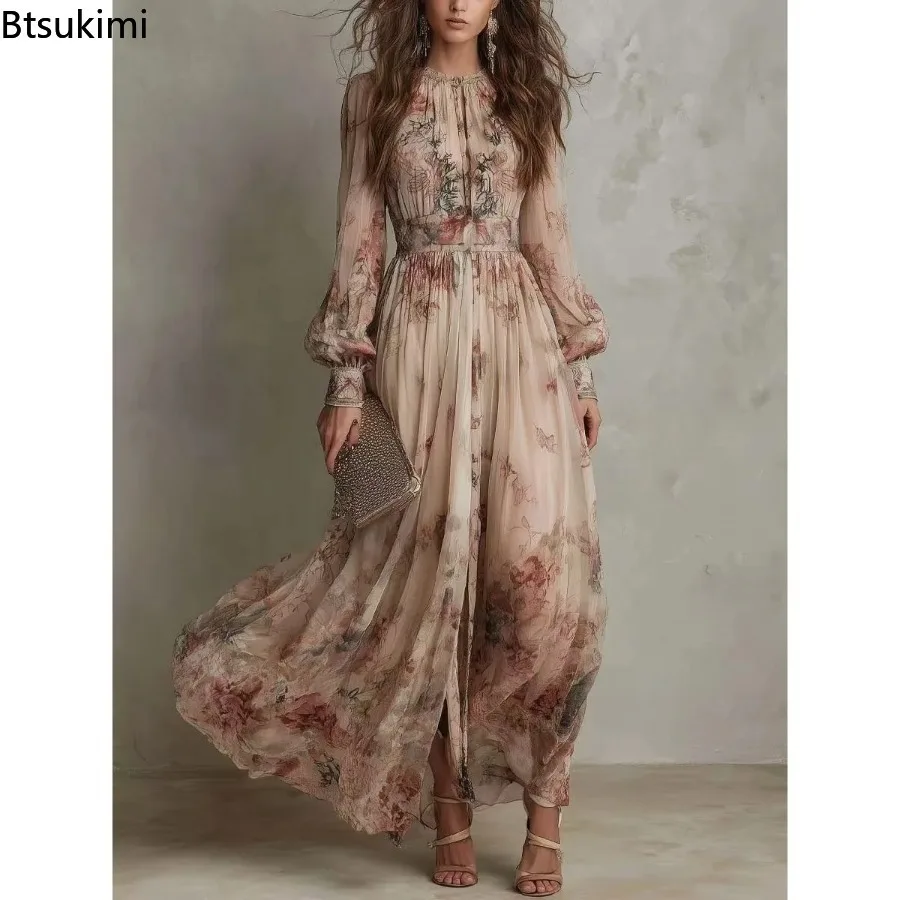 Damen Vintage Blumenmuster Hochgeschnittenes Plissiertes Langes Kleid Elegantes O-Ausschnitt Schlankes Partykleid Langarm Boho Urlaubskleid