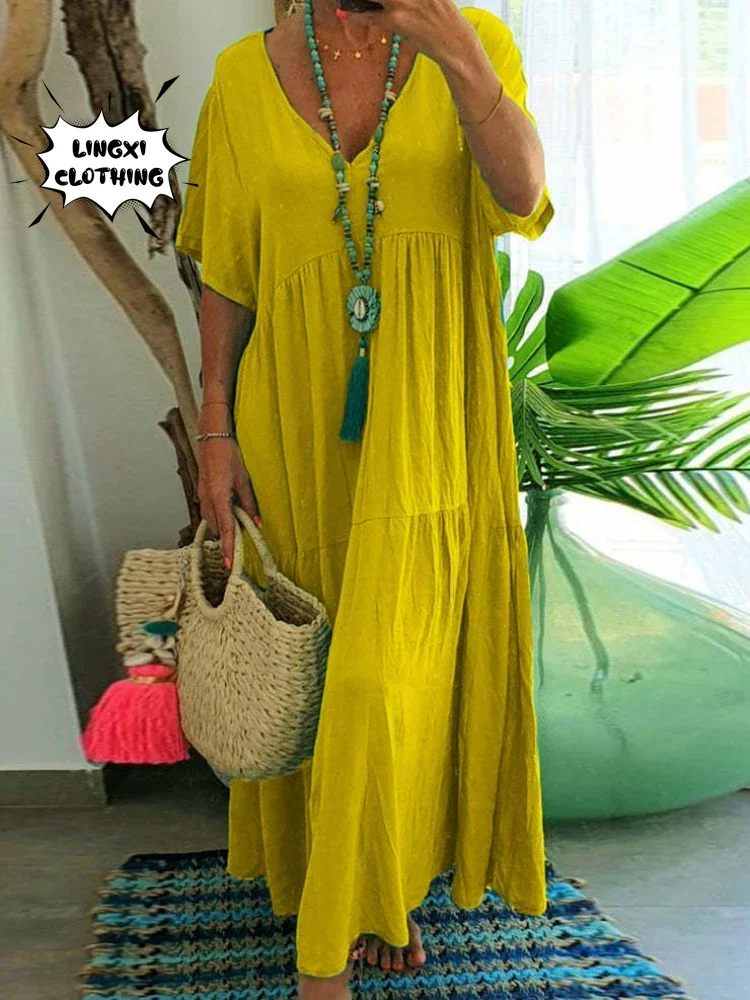 2024 Summer Fashion New Women\'s Long Dress V-neck Irregular Solid Color Cotton Elegant Large casual long hem retro dress